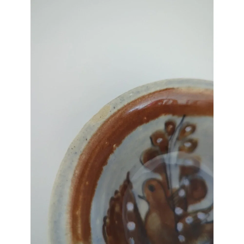 Tonala Mexican Pottery Signed Blue Brown Bird Bowls Set of 2 Handmade Ceramic